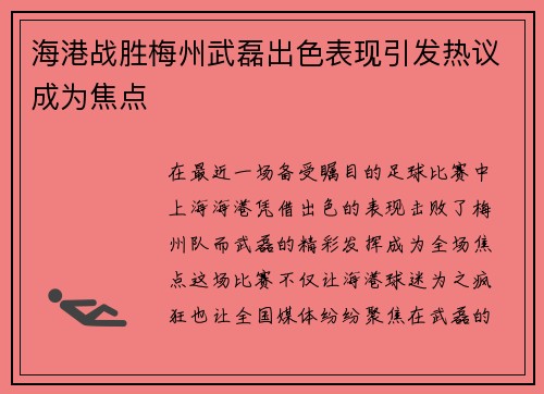 海港战胜梅州武磊出色表现引发热议成为焦点